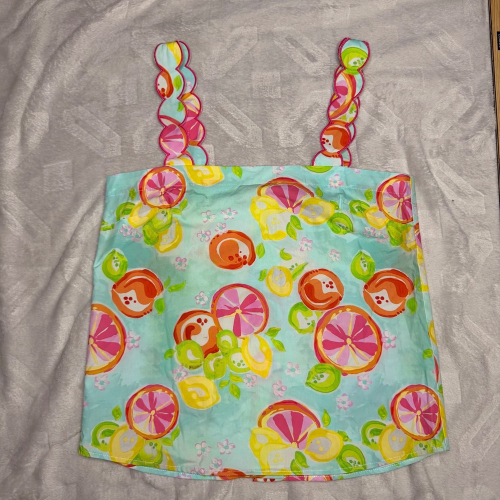 Haley and the Hound Womens XS Citrus Fruit Print Scalloped Strap Button Back Top